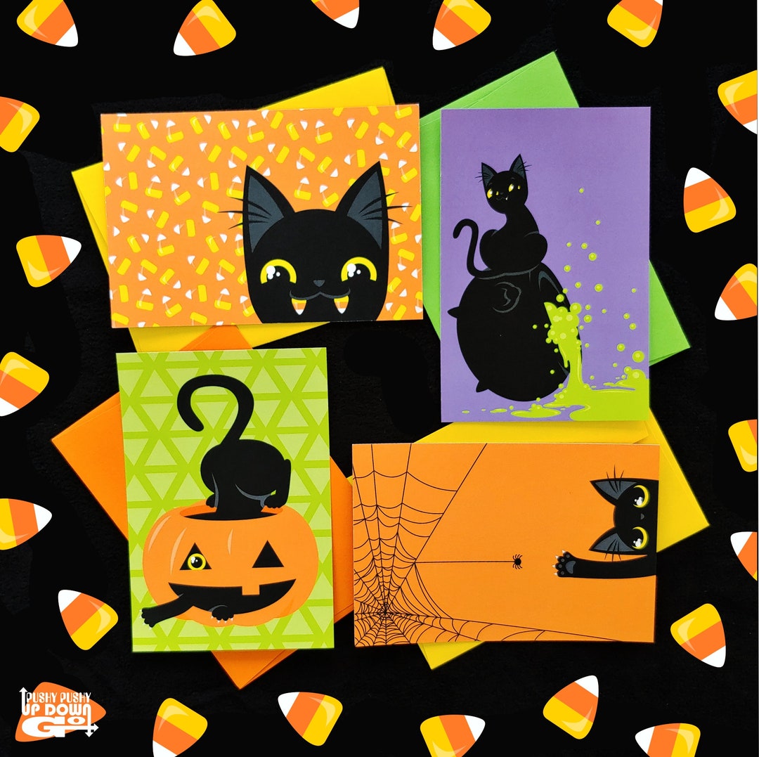 Classic Funny Black Cat Halloween Holiday Postcards set of 4 Cards ...