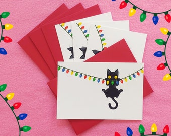 Funny Black Cat vs Christmas Lights Holiday Postcards (set of 4 cards), style A