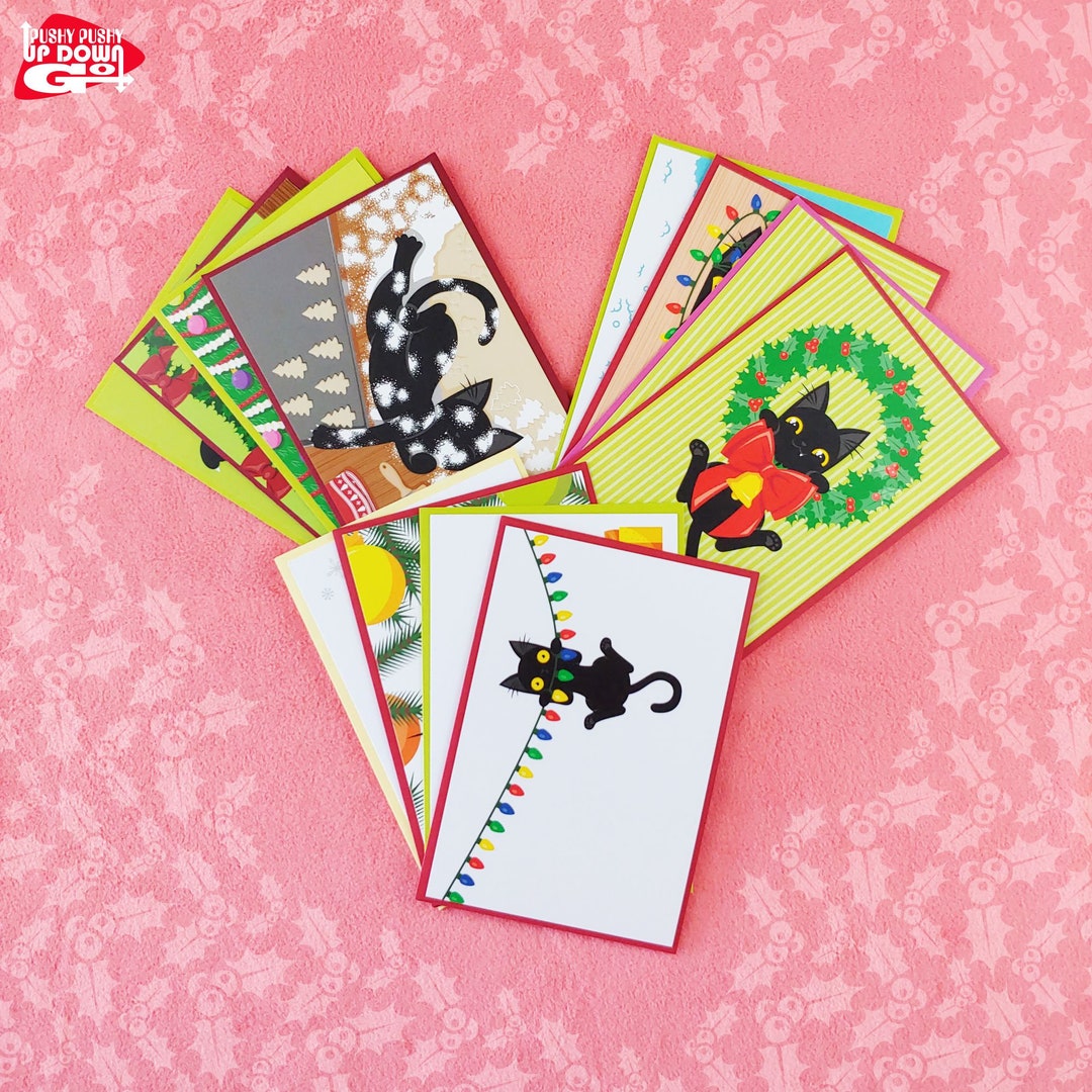 Funny Black Cat Christmas Holiday Postcard Super Set (set of 12 Cards ...
