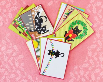Funny Black Cat Christmas Holiday Postcard Super Set (set of 12 cards), style A