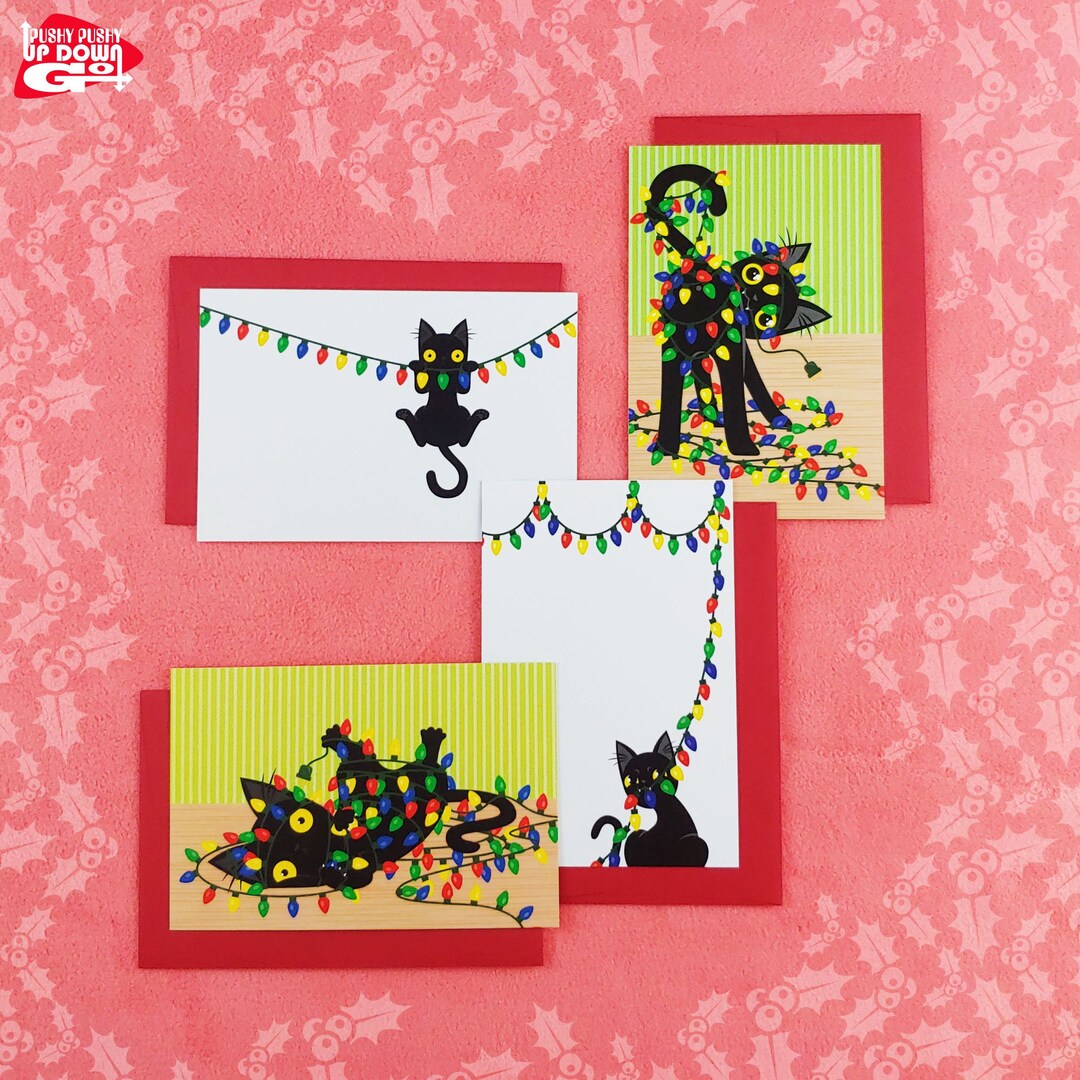 Funny Black Cat Christmas Light Chaos Holiday Postcards (set of 4 Cards ...