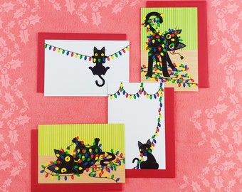 Funny Black Cat Christmas Light Chaos Holiday Postcards (set of 4 cards)