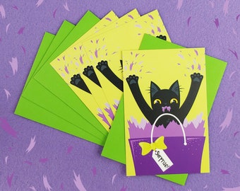 Funny Black Cat Birthday Surprise Postcards (set of 4 cards + envelopes)