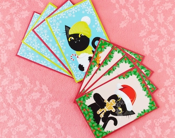 Funny Black Cat Winter & Christmas Holiday Portraits Postcard Super Set (set of 8 cards)
