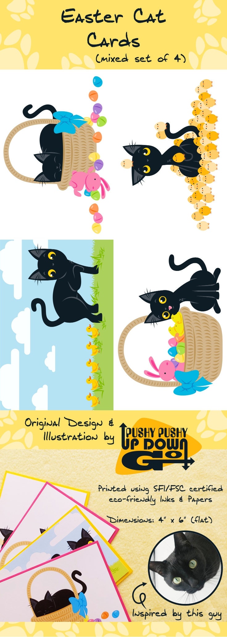 Funny Black Cat Easter Postcards (set of 4 Cards + Envelopes), Mixed ...