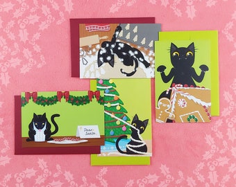 Funny Black Cat Christmas Food Holiday Postcards (set of 4 cards)