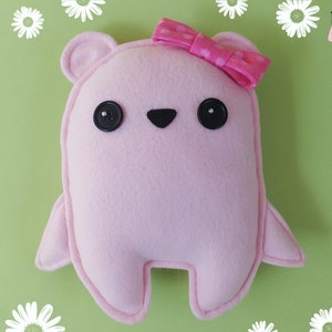 Cute Kawaii Teddy Bear Plushie (light pink) in Polka Dot Bow, Cute Kawaii Stuffed Teddy Bear, Kawaii Handmade Teddy Bear Pillow & Cushion