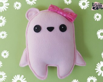 Cute Kawaii Teddy Bear Plushie (light pink) in Polka Dot Bow, Cute Kawaii Stuffed Teddy Bear, Kawaii Handmade Teddy Bear Pillow & Cushion