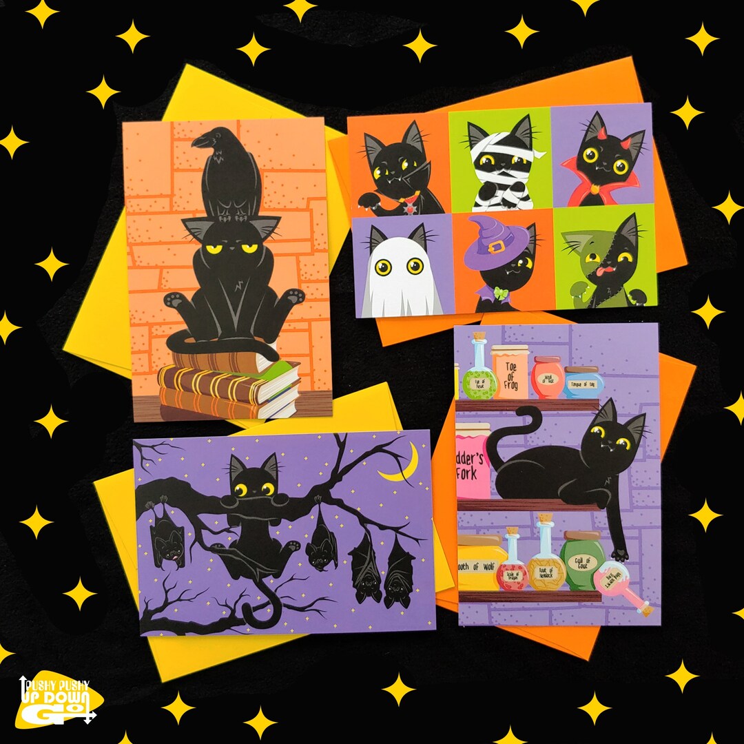 Classic Funny Black Cat Halloween Holiday Postcards (set of 4 Cards ...