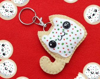 Kawaii Christmas Sugar Cookie Cat Plush Keychain & Bag Charm, white frosting edition - 3" tall x 4" wide
