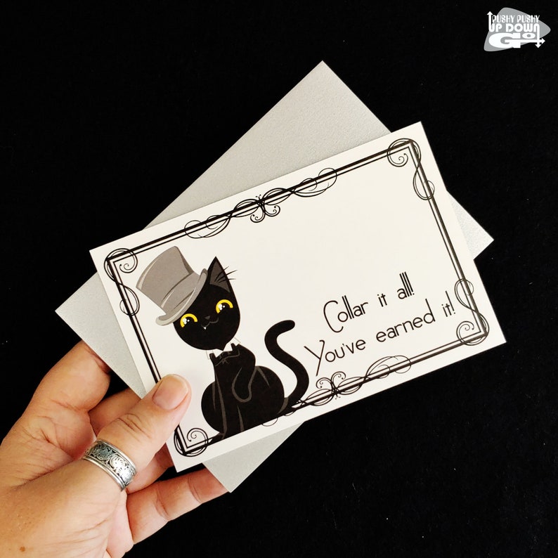 set of 4 cards + envelopes Dapper Black Cat Plummy Congratulations Postcards style D