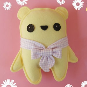 Cute Kawaii Teddy Bear Plushie (pastel yellow) in Bow Scarf, Cute Kawaii Handmade Stuffed Teddy Bear Pillow & Cushion