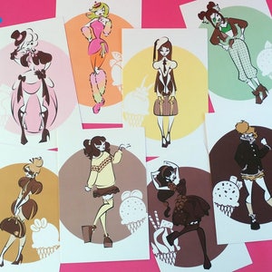 Harajuku Ice Cream Kawaii Fashion Postcard Art Print Set, Kawaii Fashion Illustration Art Prints & Postcards, Ice Cream Dessert Wall Art