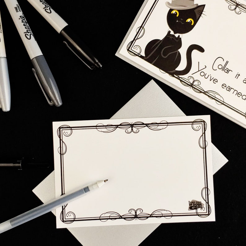 set of 4 cards + envelopes Dapper Black Cat Plummy Congratulations Postcards style D