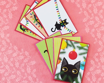 Funny Black Cat Christmas Holiday Postcard Super Set (set of 8 cards), style B
