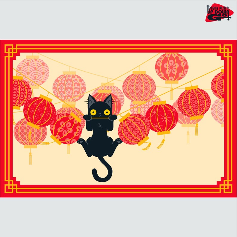 May include: A cartoon illustration features a black cat hanging from a string, with yellow eyes and a playful pose. The background showcases red and pink Chinese lanterns, set against a cream-colored backdrop, framed by a red border. The top right corner has the text "Pushy Purry Up Down Go".