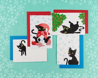 Funny Black Cat Winter Holiday Postcards (set of 4 cards), style A