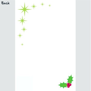 May include: A white background with a green holly sprig with red berries in the bottom right corner. The top left corner has a cluster of green stars.