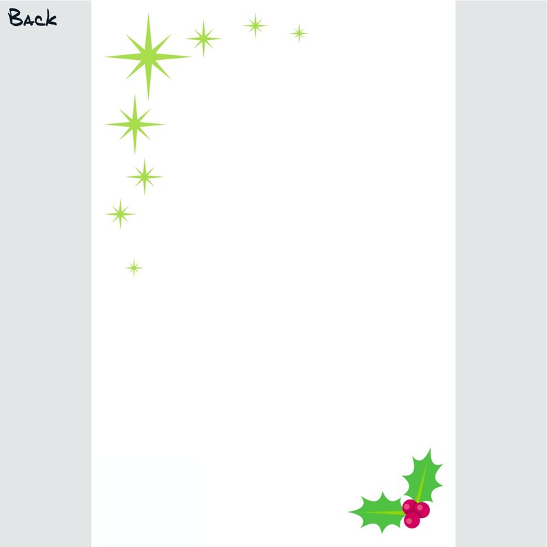 May include: A white background with a green holly sprig with red berries in the bottom right corner. The top left corner has a cluster of green stars.