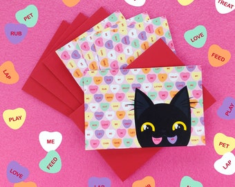 Funny Cat Candy Hearts Valentines Day Postcards (set of 4 cards + envelopes)