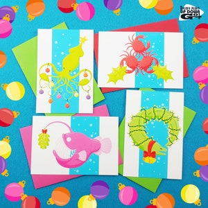 Funny Christmas Sea Creature Postcards (set of 4 cards + envelopes), mixed set