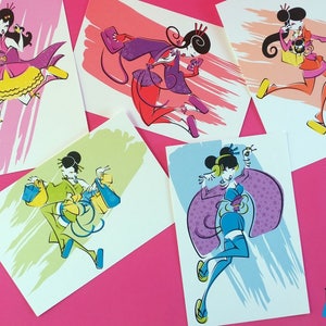 Conjunto de impressão de arte de cartão postal de moda kawaii de gueixa moderna, impressões de arte e cartões postais de ilustração de moda kawaii, arte de parede de ilustração de gueixa