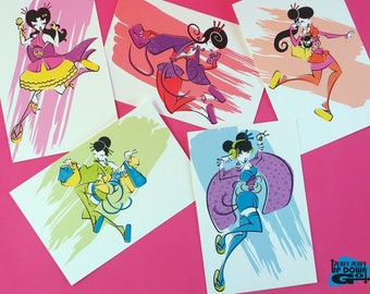 Modern Geisha Kawaii Fashion Postcard Art Print Set, Kawaii Fashion Illustration Art Prints & Postcards, Geisha Girl Illustration Wall Art