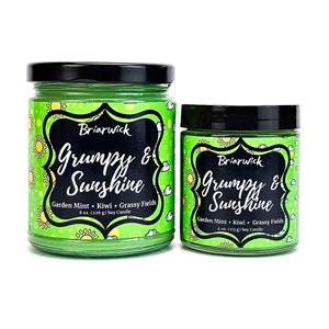 May include: Two green soy candles in glass jars with black lids. The labels read "Briarwick Grumpy & Sunshine" with "Garden Mint + Kiwi + Grassy Fields" and the candle size. One is 226 g, the other is 113 g.