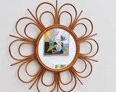 Mid-Century French Rattan Flower-Shaped Wall Mirror (circa 1960s)