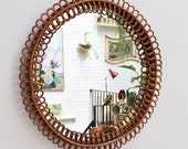 Mid-Century Italian Rattan Round Wall Mirror (circa 1960s)