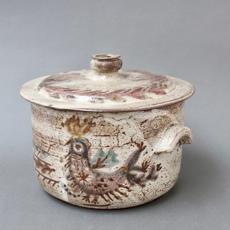 Vintage French Ceramic Casserole with Lid by Gustave Reynaud Le Mûrier circa 1950s image 1