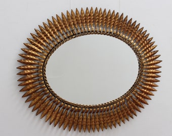 Mid-Century Spanish Gilt Metal Sunburst Mirror with Leaf Motif (circa 1960s)
