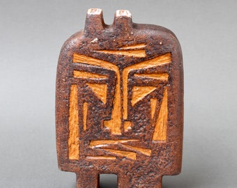 French Ceramic Vase with African Mask Motif Attributed to Jacqueline Lerat (circa 1960s)