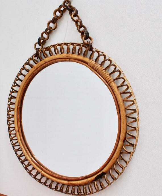 Mid Century Italian Round Rattan Wall Mirror Circa 1960s Round Rattan Wall Mirror Circa 1960s