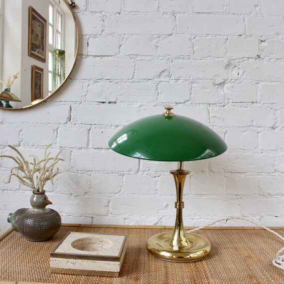 Italian Mid century Brass covered Desk Lamp With Green Shade circa