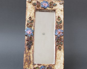 Ceramic Wall Mirror with Flower Motif by La Roue (circa 1960s)