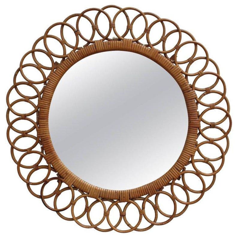 Italian Sunflower Shaped Rattan Wall Mirror Circa 1960s