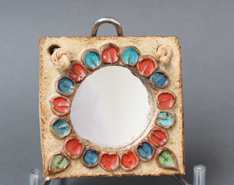 Small Vintage Ceramic Wall Mirror with Flower Motif by La Roue (circa 1960s)