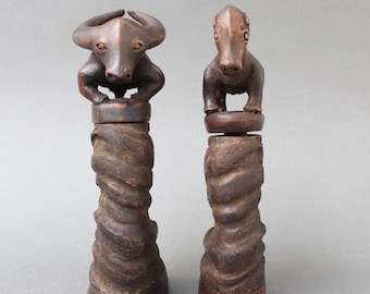 Pair of Water Buffalo Horn and Wood Lime Powder Holders for Betel Nut from Timor Island (circa 1970s)