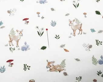 Hilco French Terry Sweat - Naipe - Forest animals and plants in winter on white, deer rabbit flowers mushrooms