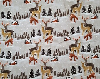 French White Season Hilco, forest animals, fir trees in winter on grey-beige, softly roughened inside, deer, stag, snow Ökotex 100 DIN EN 71-3