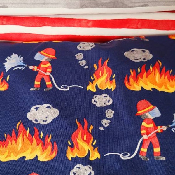 Jersey " Firefighters " Feuerwehr, Feuerwehrmann mit Schlauch, Feuer, in blau, gelb und rot  mit Applis am Rand, Hilco Ökotex DIN EN 71-3