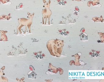 Hilco Sweat - Felpia 7 - forest animals and plants in winter on mint, softly brushed inside, bear, deer, fox, squirrel, flowers, birds