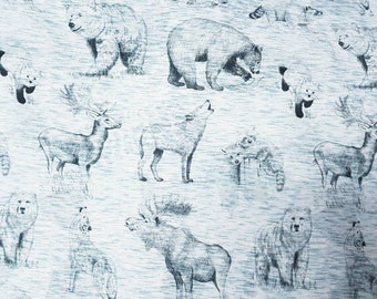 Hilco French Terry Sweat Wild Family Bear Grizzly Moose Deer Wolf Raccoon Forest Animals Predators - Inside softly roughened - blue and grey