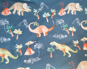 Jersey " Dino Besties " Dinosaurier Urzeit T-Rex Langhals Bronto Dreihorn Vulkan blau - toller Kinderstoff von Hilco Ökotex 100 DIN EN 71-3