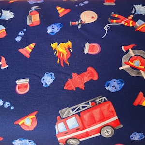 Jersey " Fire Resque " Feuerwehr, Feuerwehrmann, Leiterwagen, Schlauch, in blau, gelb und rot  mit Applis am Rand, Hilco Ökotex DIN EN 71-3