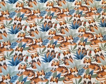 Jersey "Safari Tiger" tiger / predator in the jungle / forest in green blue... on cream - great children's fabric from Hilco Ökotex 100 DIN EN 71-3