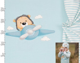 60 cm Panel Little Pilot Jersey - mint / hellblau weiß gestreift, kleiner Löwe im Flugzeug, von Hilco
