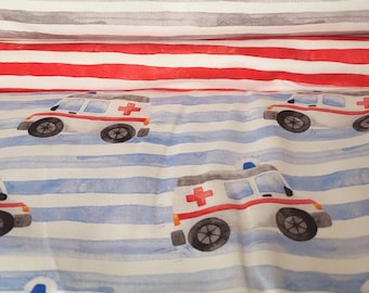 Jersey "Resque Team" ambulance, emergency doctor, rescue service, vehicle, red grey blue white with appliqués on the edge, Hilco Ökotex DIN EN 71-3