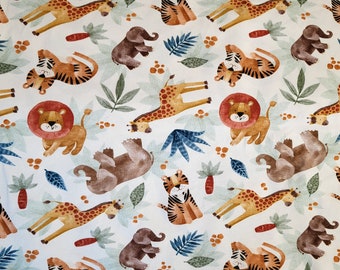 Jersey " Safari Friends " Tiger Löwe Giraffe Elefant Dschungel Wald auf creme - toller Kinderstoff von Hilco Ökotex 100 DIN EN 71-3